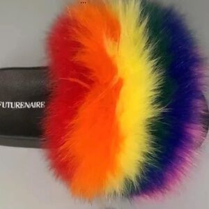 Rainbow Custom Real Fur Slides sizes 9.5,10 only.